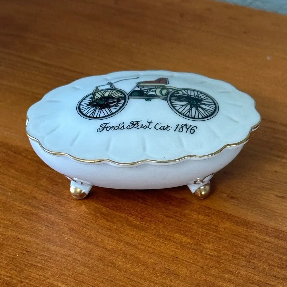 Ford's First Car 1896 Vintage Porcelain Trinket Box with lid Gold trim 70’s